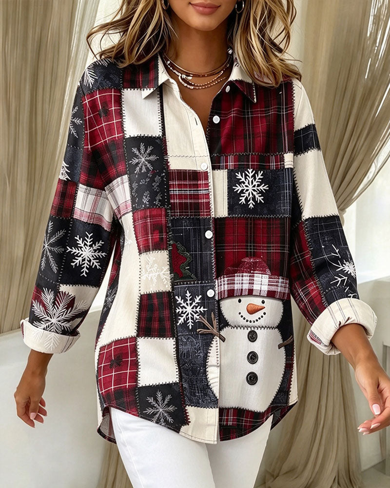 Chemise Revers Bouton À Carreaux Style Noël