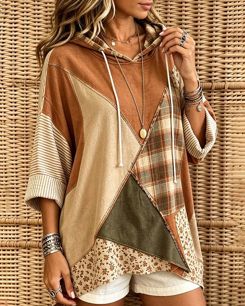 Hoodie Carreau Rayure Florale Patchwork