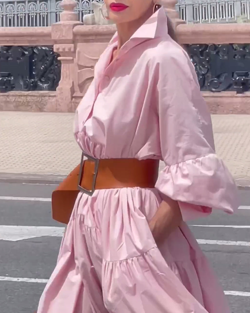 Robe jupe ample à revers de couleur unie