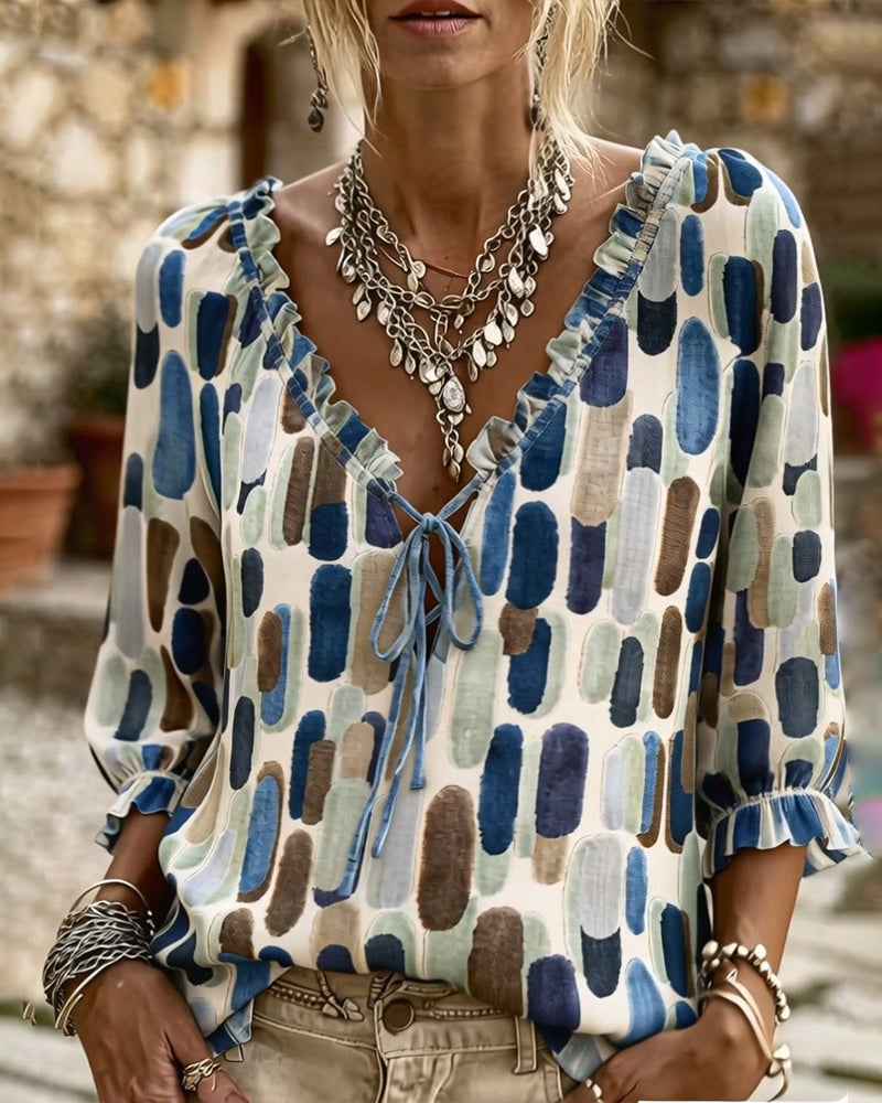 Blouse Bloc De Couleur Volant Attache Col V
