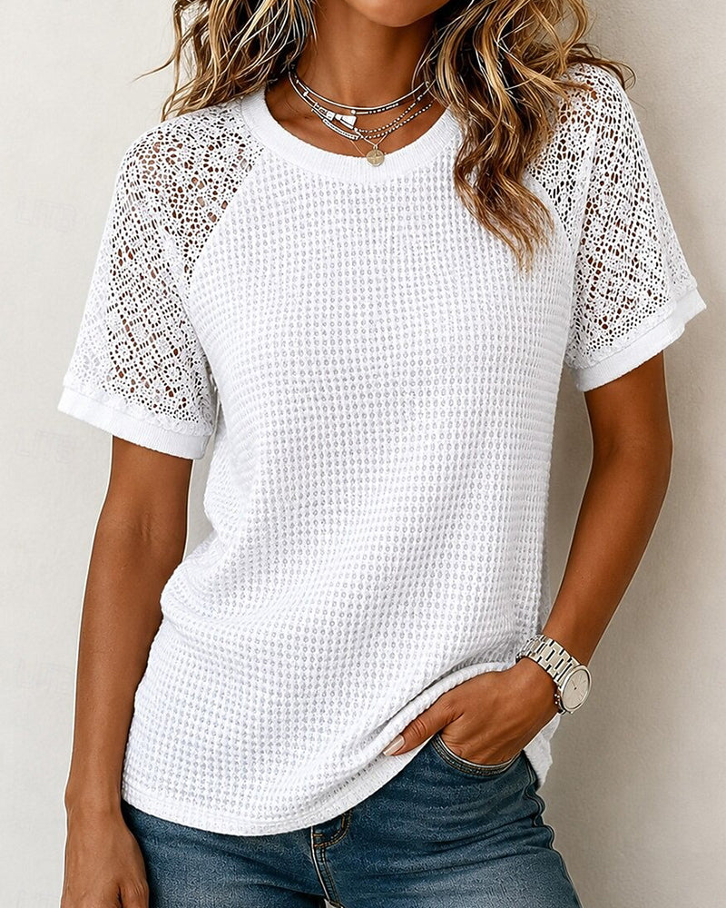 T-Shirts Col Rond Gaufrette Dentelle Patchwork
