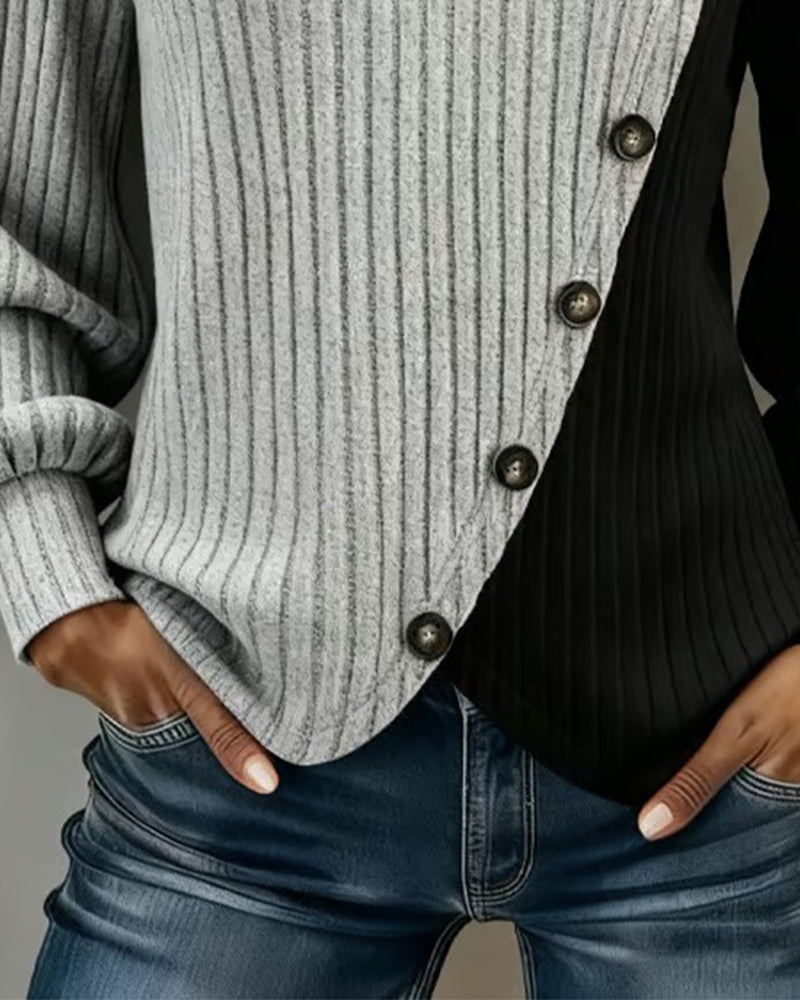 Top À Blocs De Couleur Côtes Ourlet Croisé Manches Longues