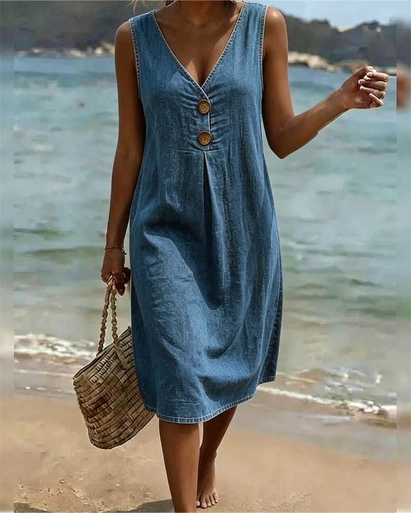 Robe En Denim Col V Sans Manches