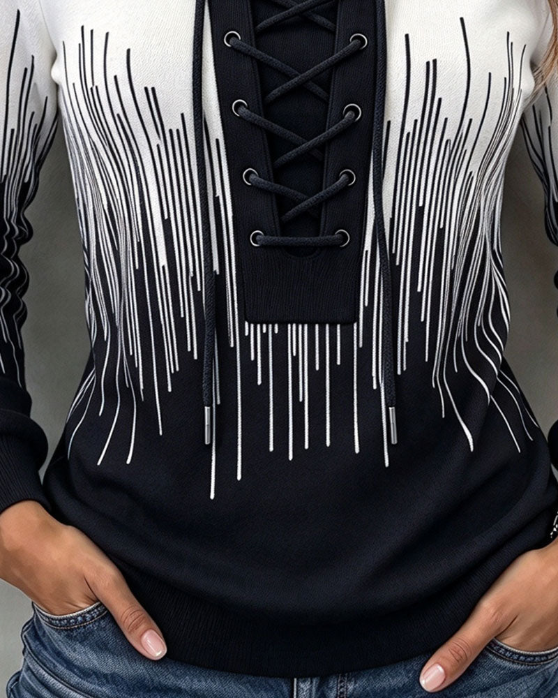Sweatshirt Attacher Ligne Bloc De Couleur Ajusté