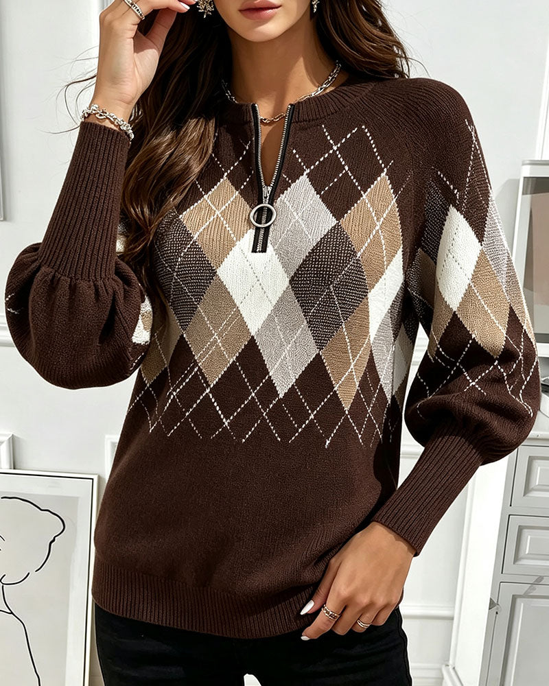 Pull À Carreaux Jacquard Demi-Zip Manches Lanterne