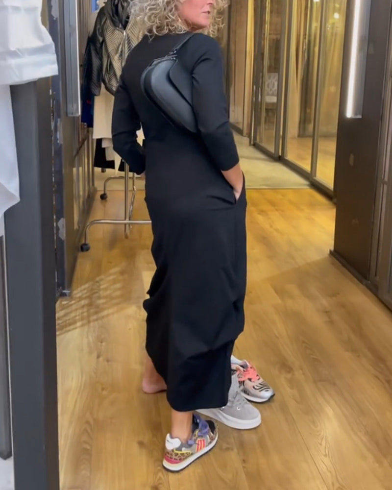 Robe De Couleur Unie Avec Col En V Et Coupe Trapèze