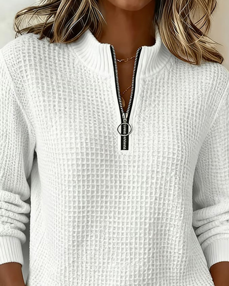Sweatshirt Col-Debout Fermeture Éclair Manche-Longue Gaufrier