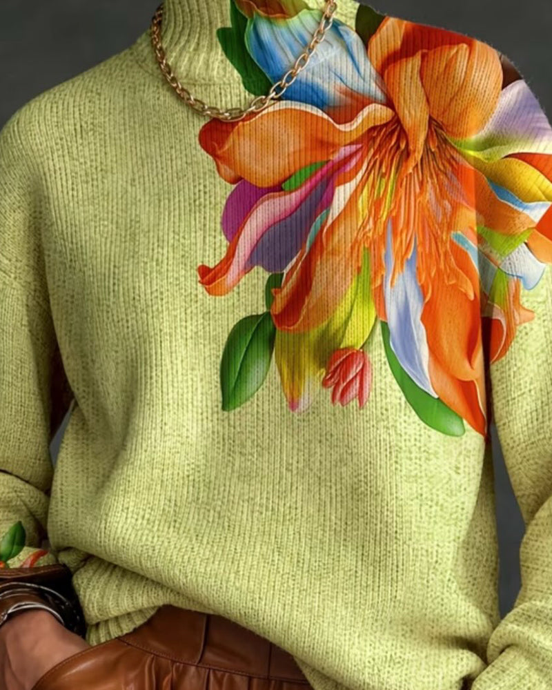 Pull Col Roulé Floral Contraste Manches Longues