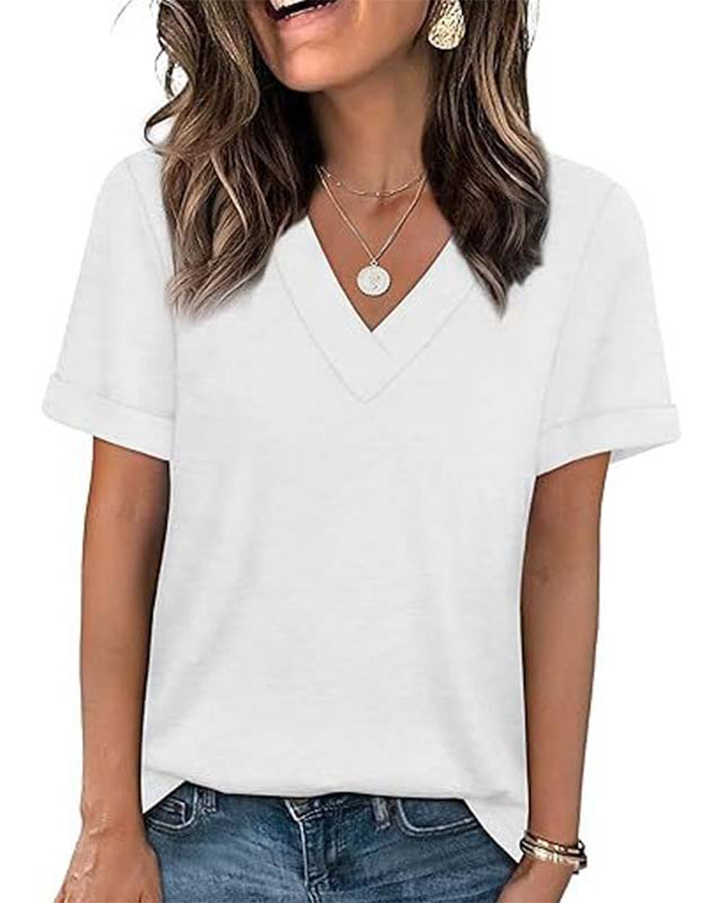 T-Shirt Unie Col En V Décontracté Manches Courtes