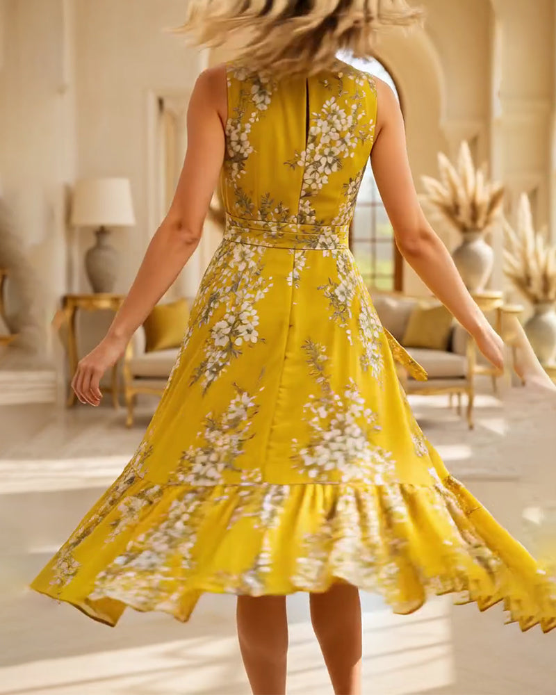 Robe Col Mock Sans Manches Cintrée Florale