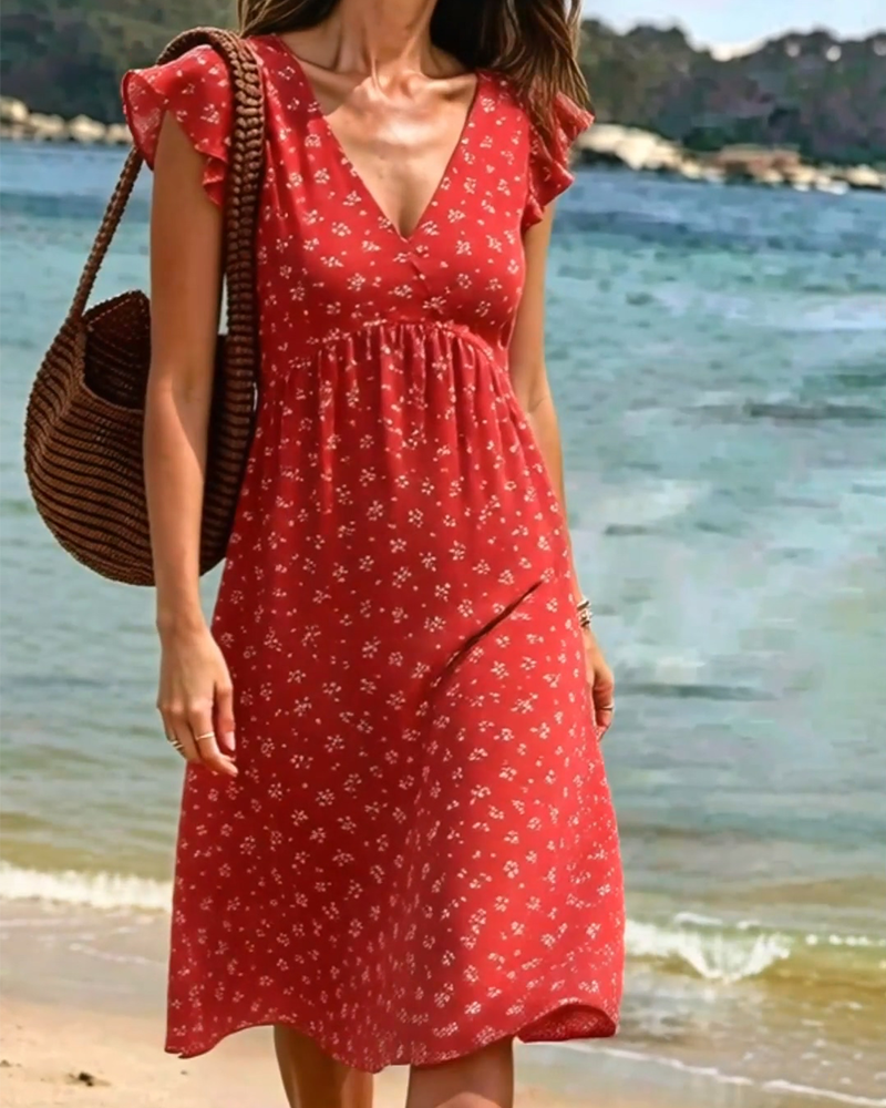 Robe Col V Fleuri Petites Manches Volantes