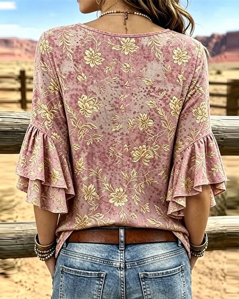 Blouse Imprimé Rétro Ample Volantée