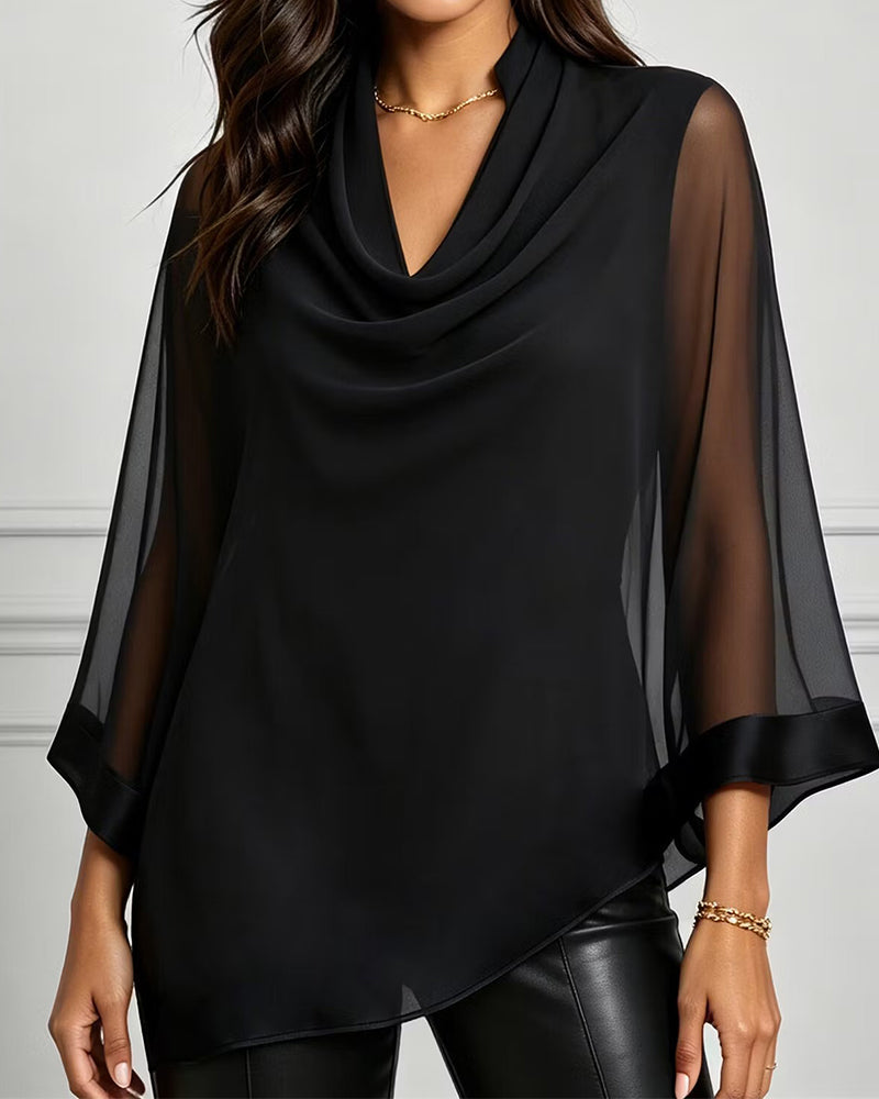 Blouse Col Cowl Irrégulier Uni Sheer