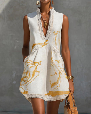 Robe Col Montant Col V Sans Manches Dentelle Patchwork