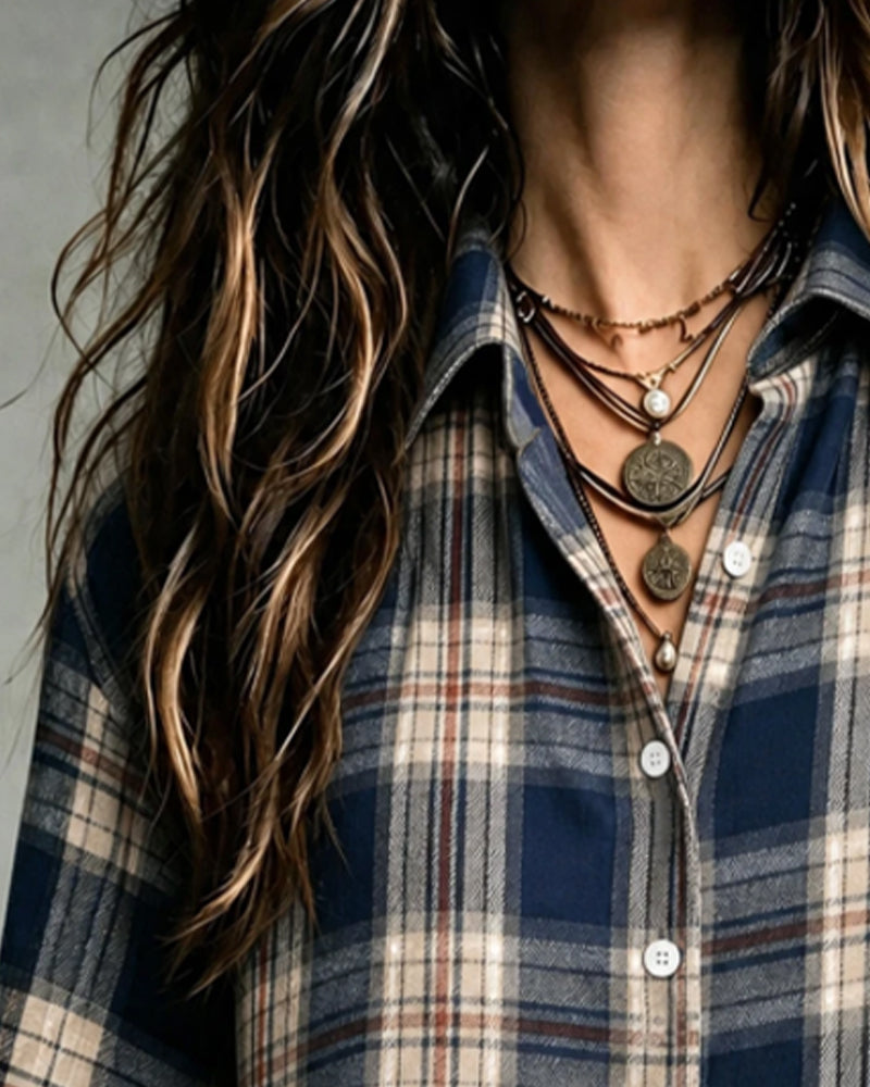 Blouse Col À Carreaux Manches Longues