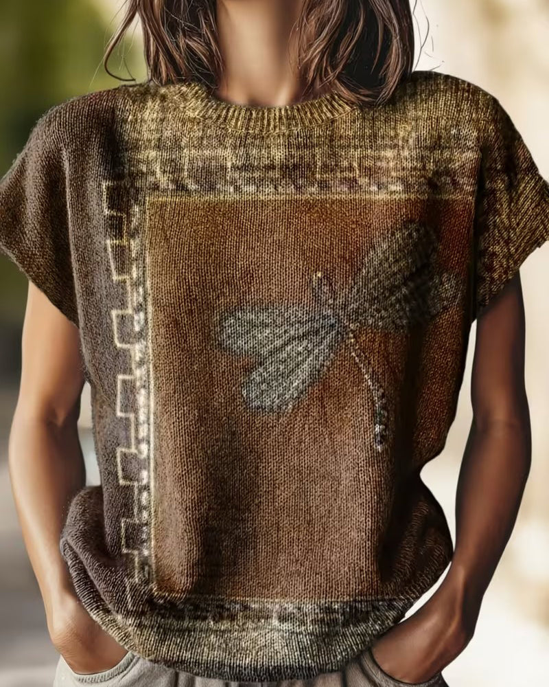 Pull-Over Imprimé Libellule Col Rond Manches Courtes