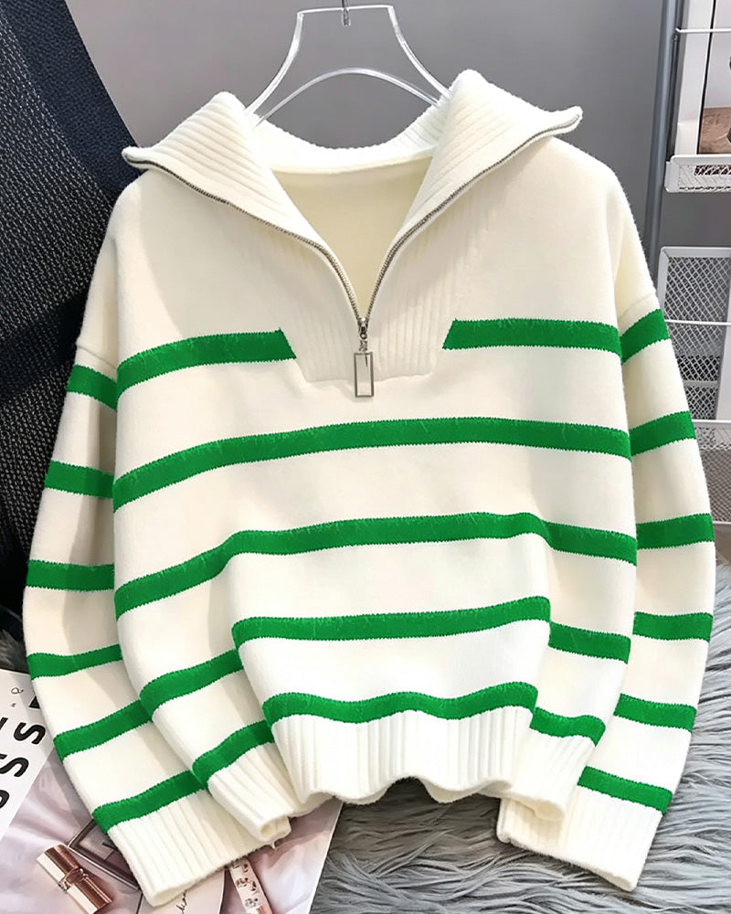 Pull Col Rabattu Zip Rayé Manches Longues