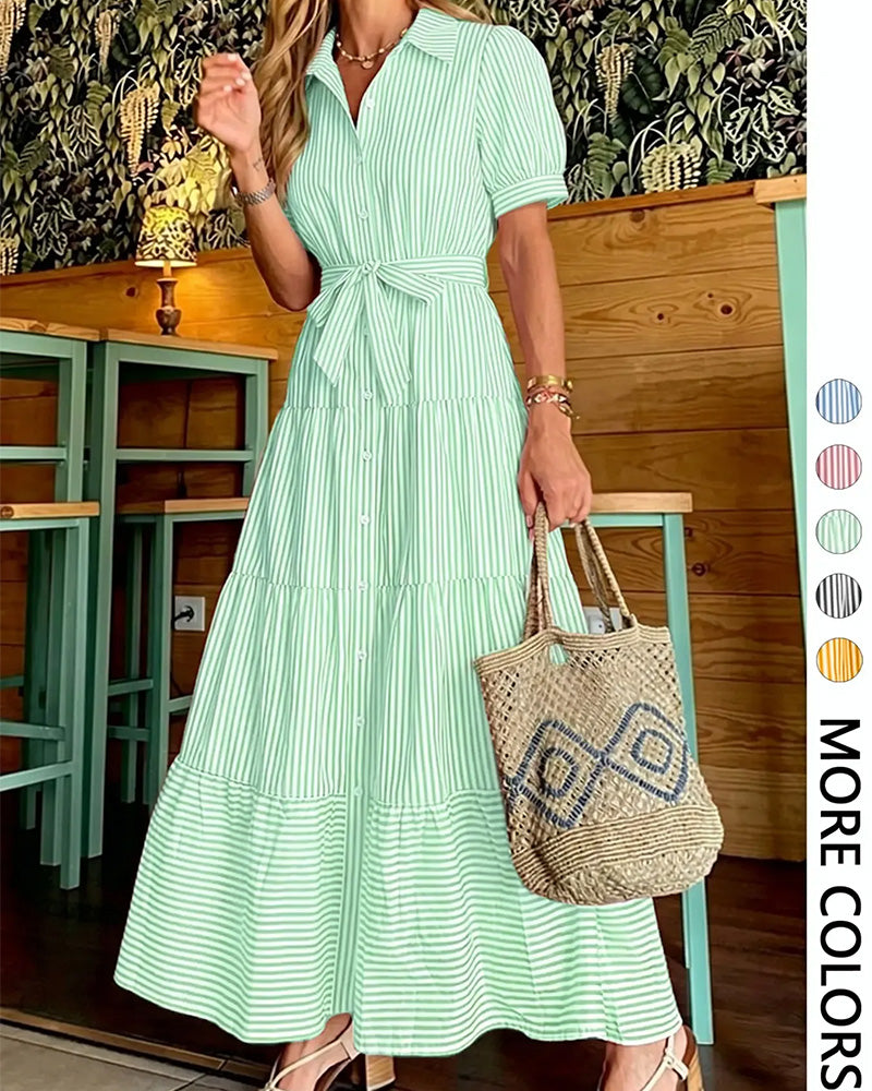Robe Rayée Cintrée À Volants Chemise Maxi