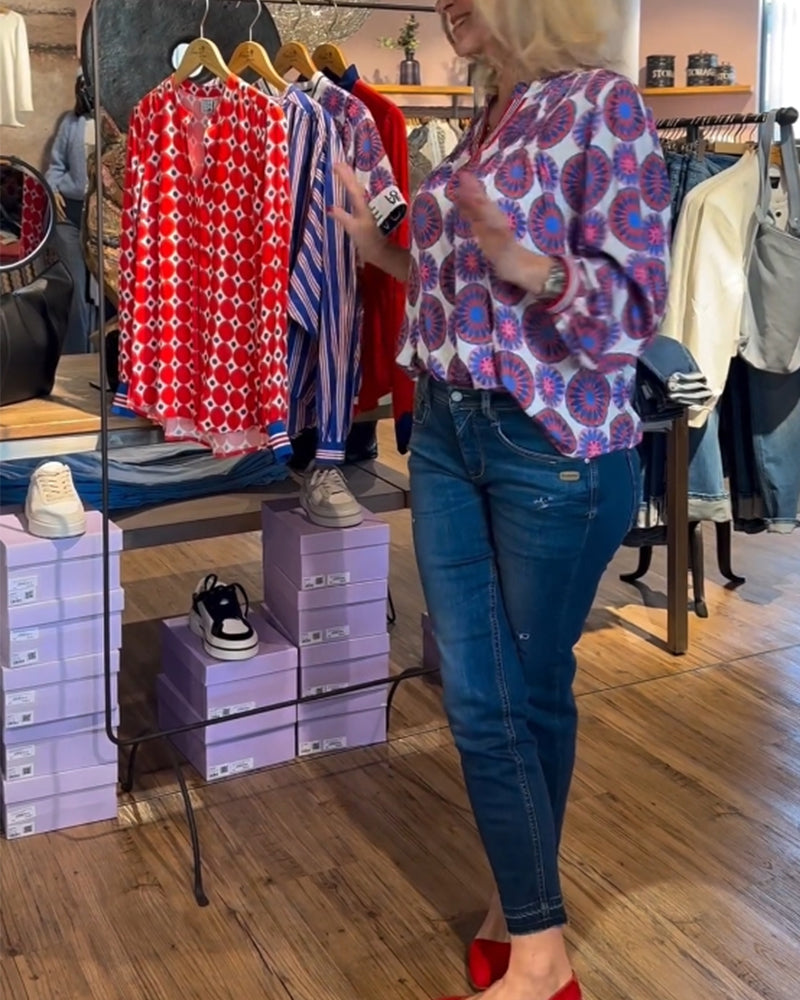 Blouse élégante col V à imprimé géométrique