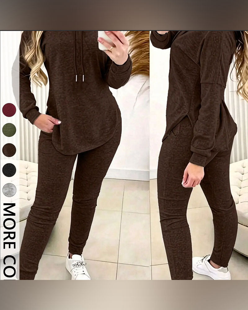 Ensemble Deux Pièces À Capuche Ourlet Courbé Casual
