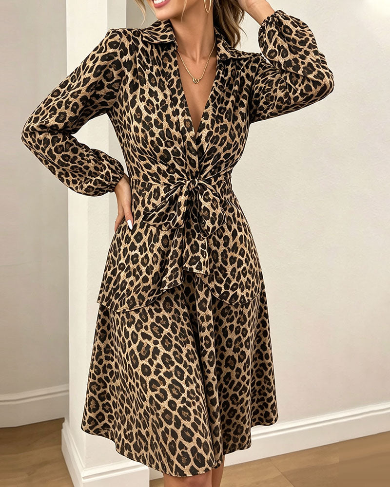 Robe Imprimé Léopard Revers Taille Sangle Chemise