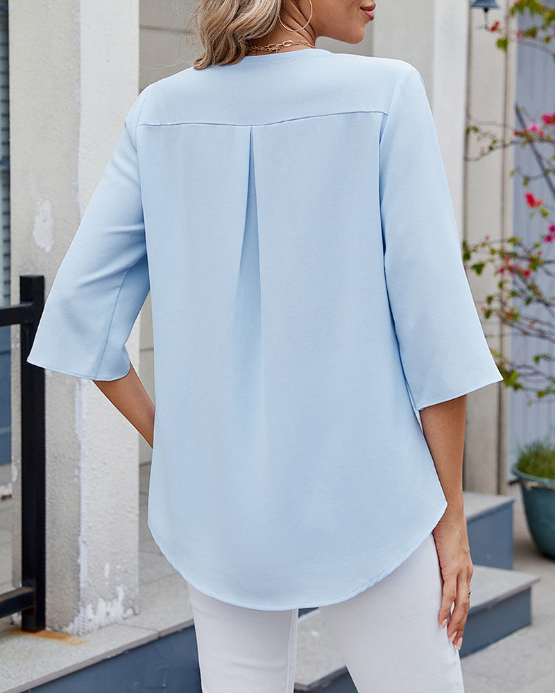 Blouse Manches Mi-Longues À Volants Couleur Unie Décontractée