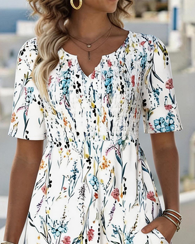 Robe V Encolure Blanc Fond Aquarelle Floral Print