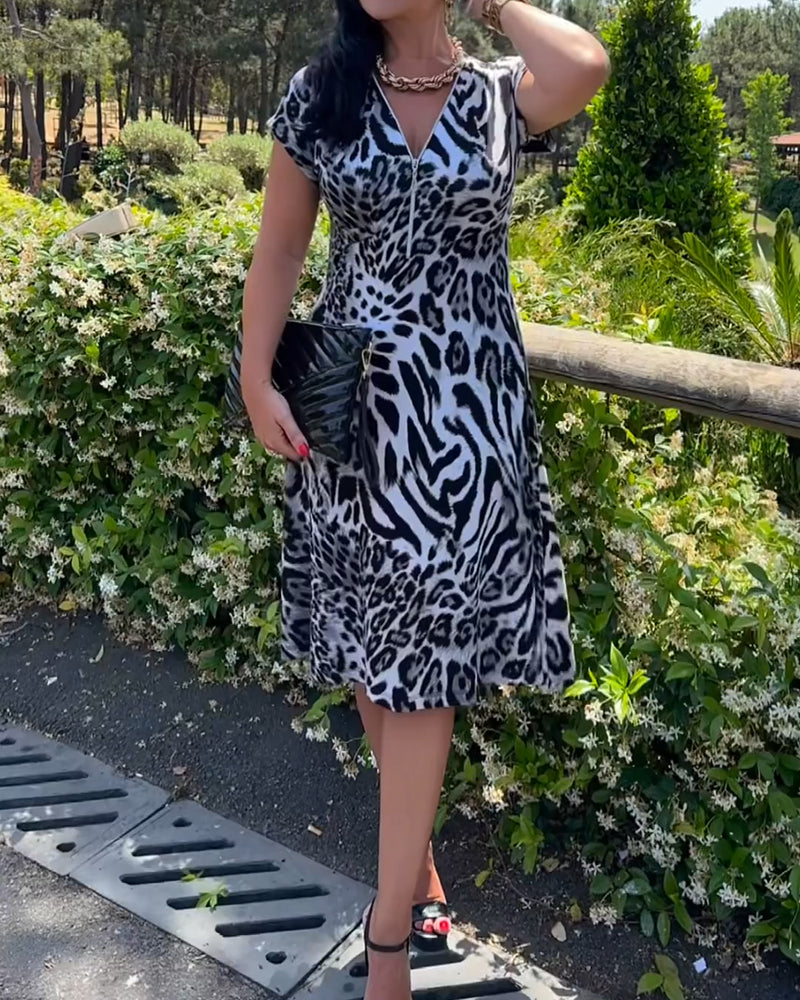 Robe Col V Fermeture Éclair Imprimé Léopard