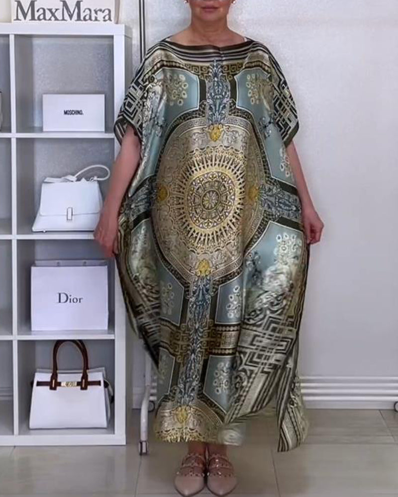 Robe ample fendue imprimée bohème