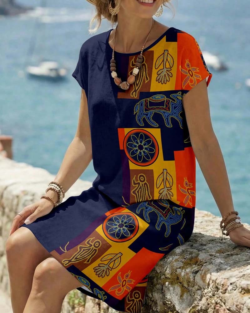 Robes Ethnique Imprimé Manches Courtes Droite