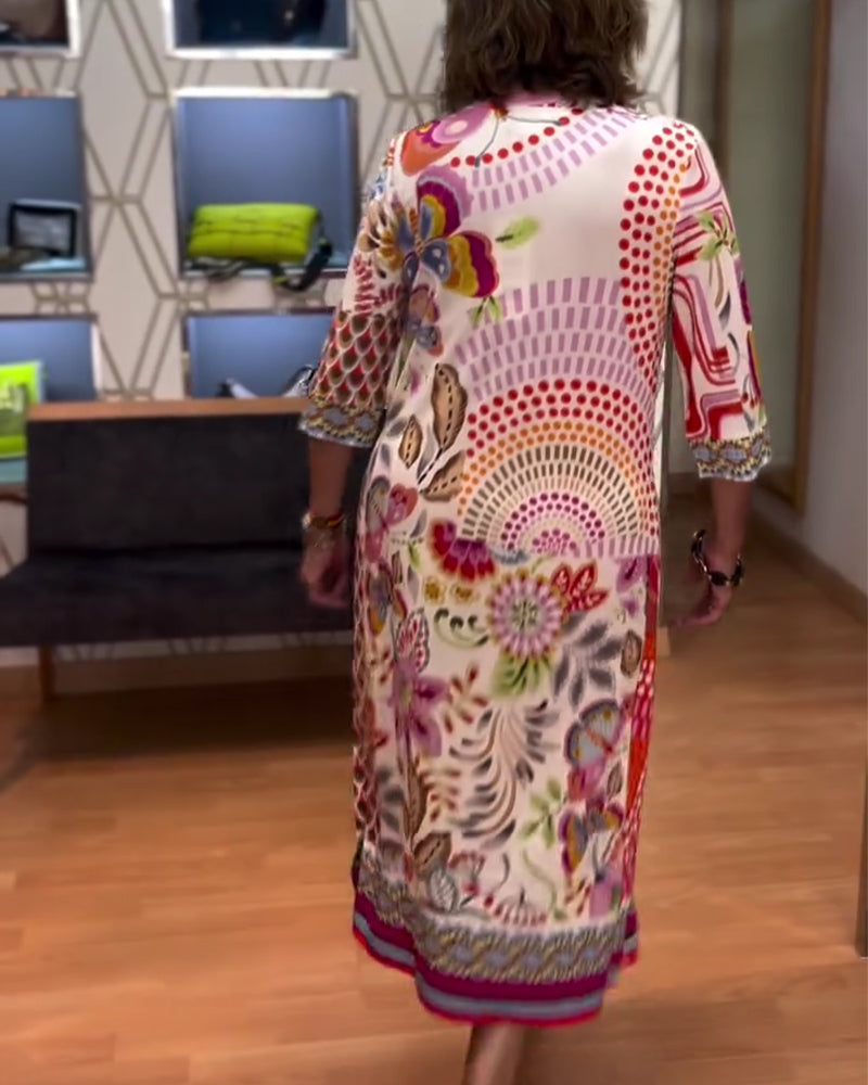 Robe Imprimé Ethnique Col En V Manche Coude