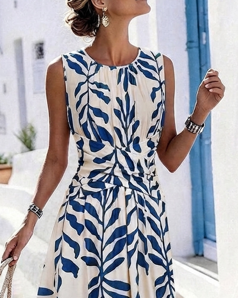 Robe Feuilles Vertes Taille Cintrée Sans Manches