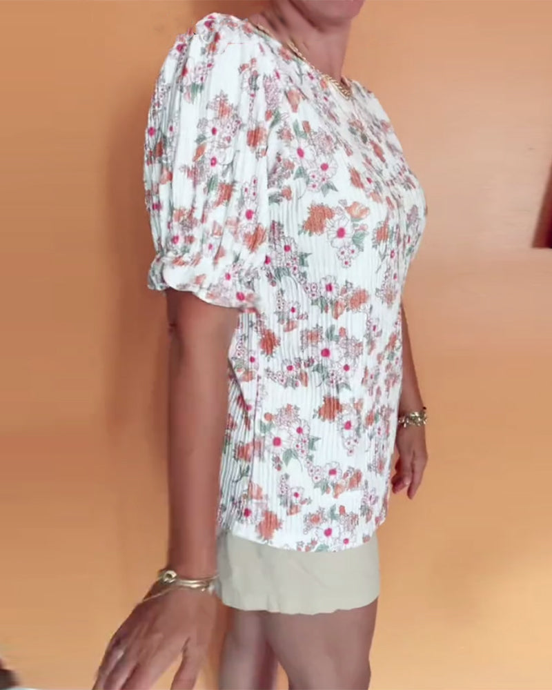 Blouse Col Rond Fleuri Manche Courte