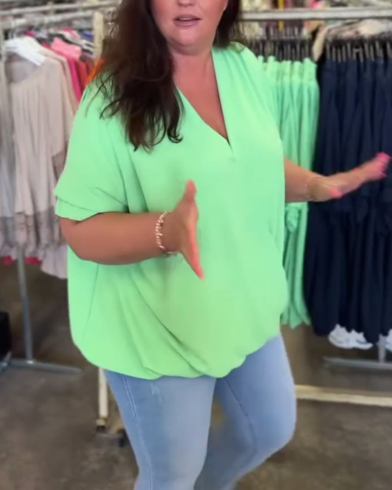 Blouse décontractée de couleur unie à volants et col en V