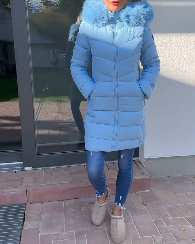 Veste matelassée décontractée à capuche avec poche zippée et couleur unie