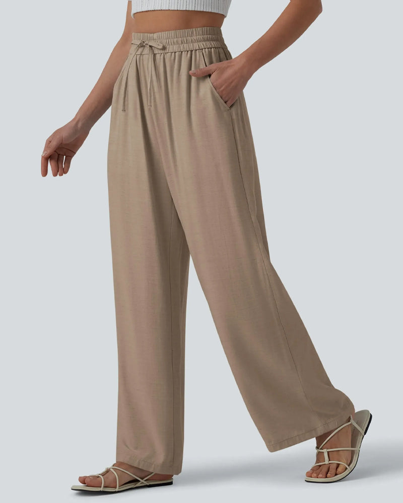 Pantalon Taille Élastique Jambe Large Attacher Décontracté