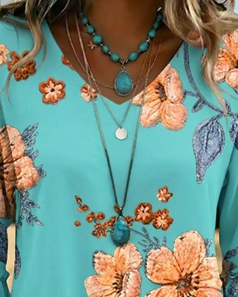 Blouse Col En V Vintage Fleuri Coupe Loose