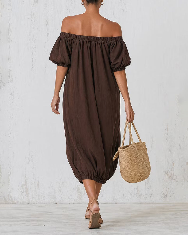 Robe Off-Épaule Manche Bouffante Poche