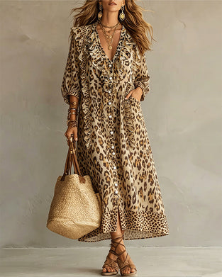 Robe Imprimé Léopard Ourlet Volanté Maxi