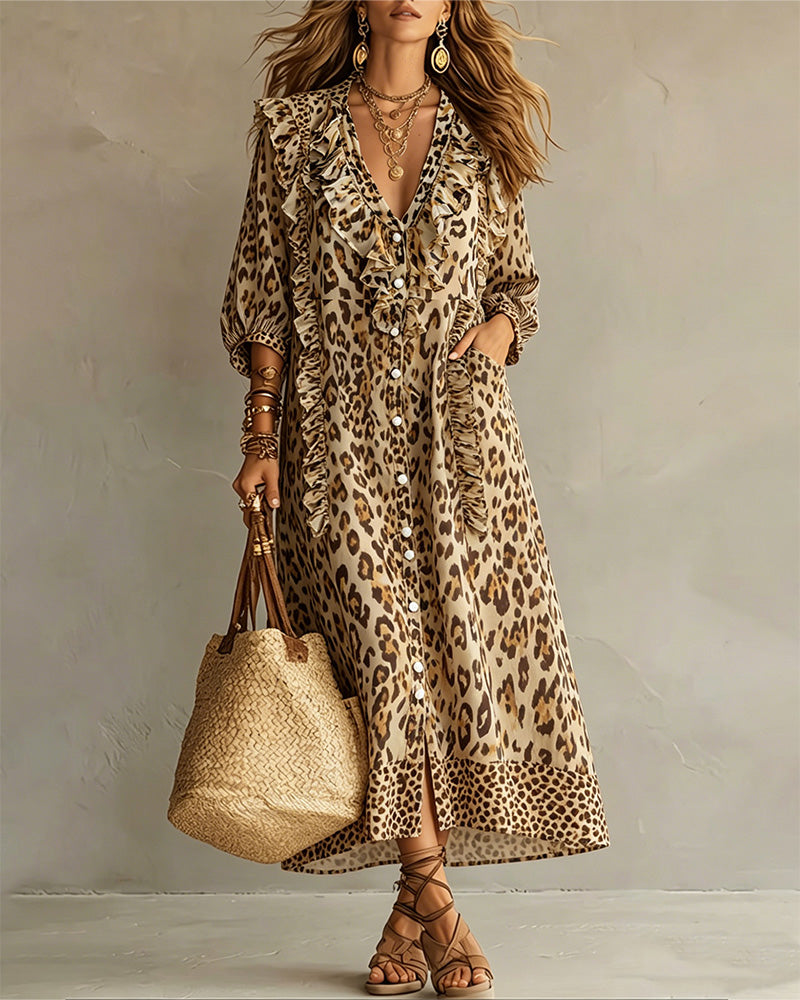 Robe Imprimé Léopard Ourlet Volanté Maxi