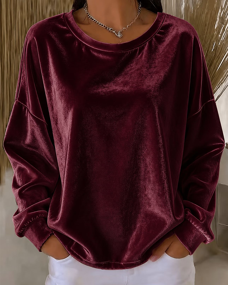 Blouse Col Rond Épaule Tombante Décontractée Manches Longues