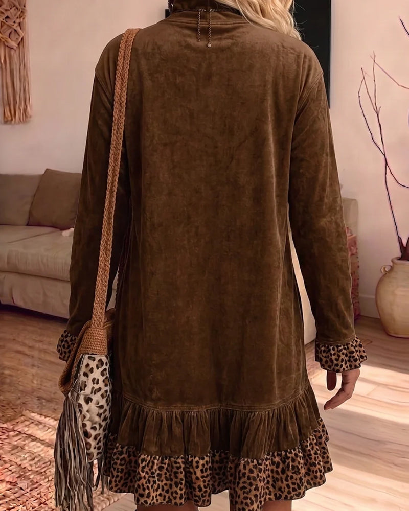 Robe Col-Mock Poche Léopard Volant