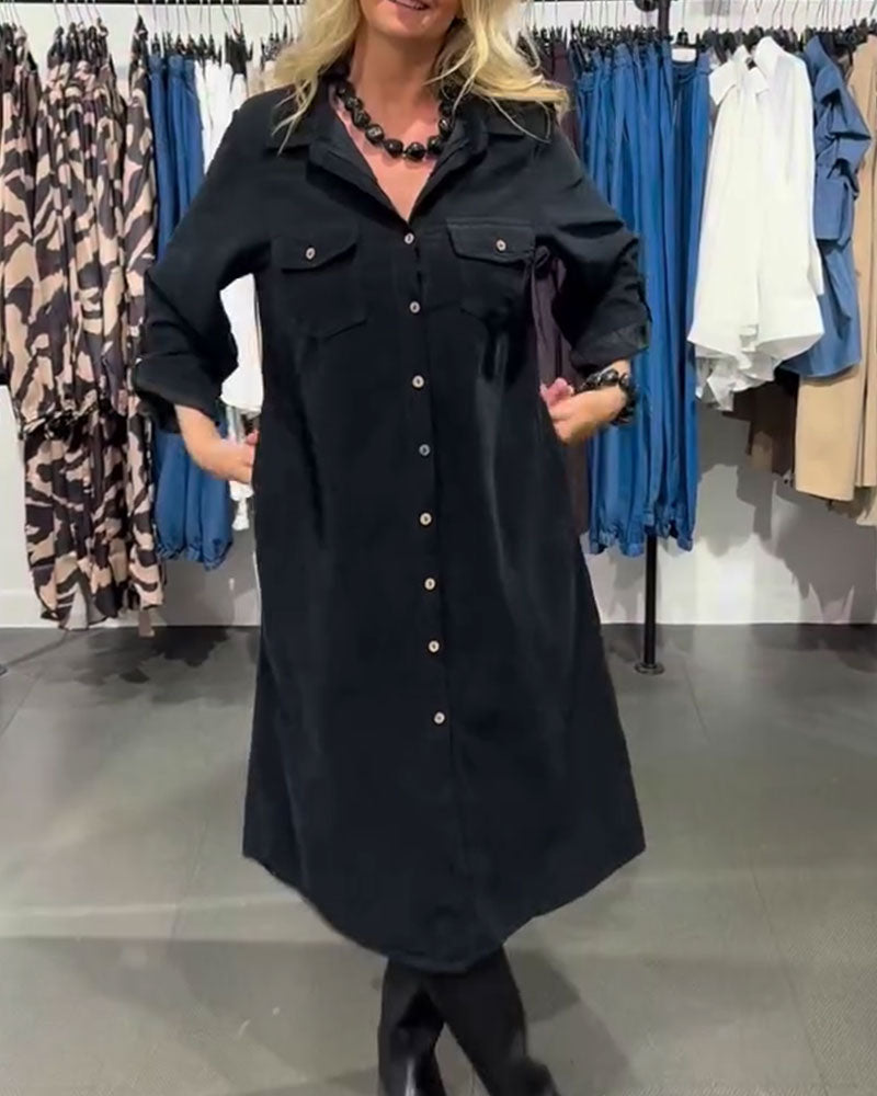 Robe Revers Poche Boutonné Longue Chemise