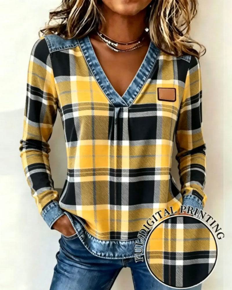 Haut Col En V À Carreaux Denim Patchwork