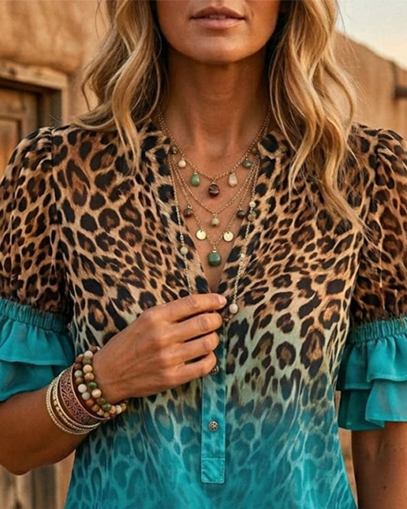 Blouse Col V Imprimé Léopard Dégradé Volantée