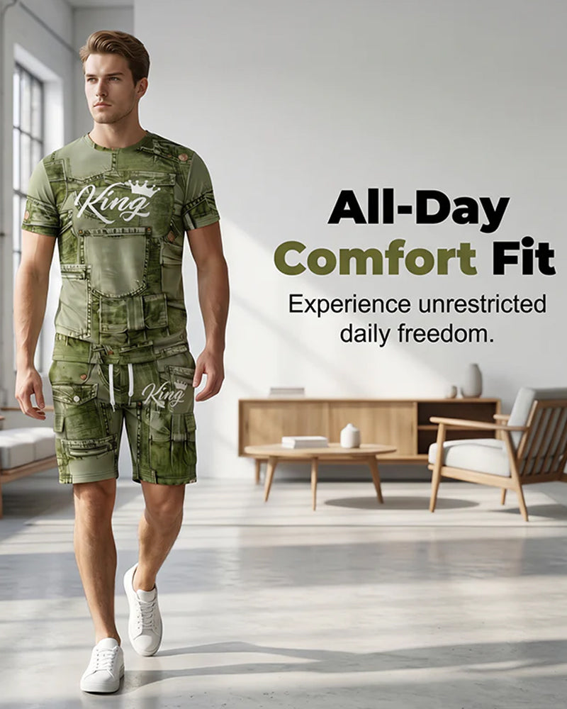 Ensemble Homme Avec T-Shirt Monogramme Col Rond Et Short À Cordon De Serrage