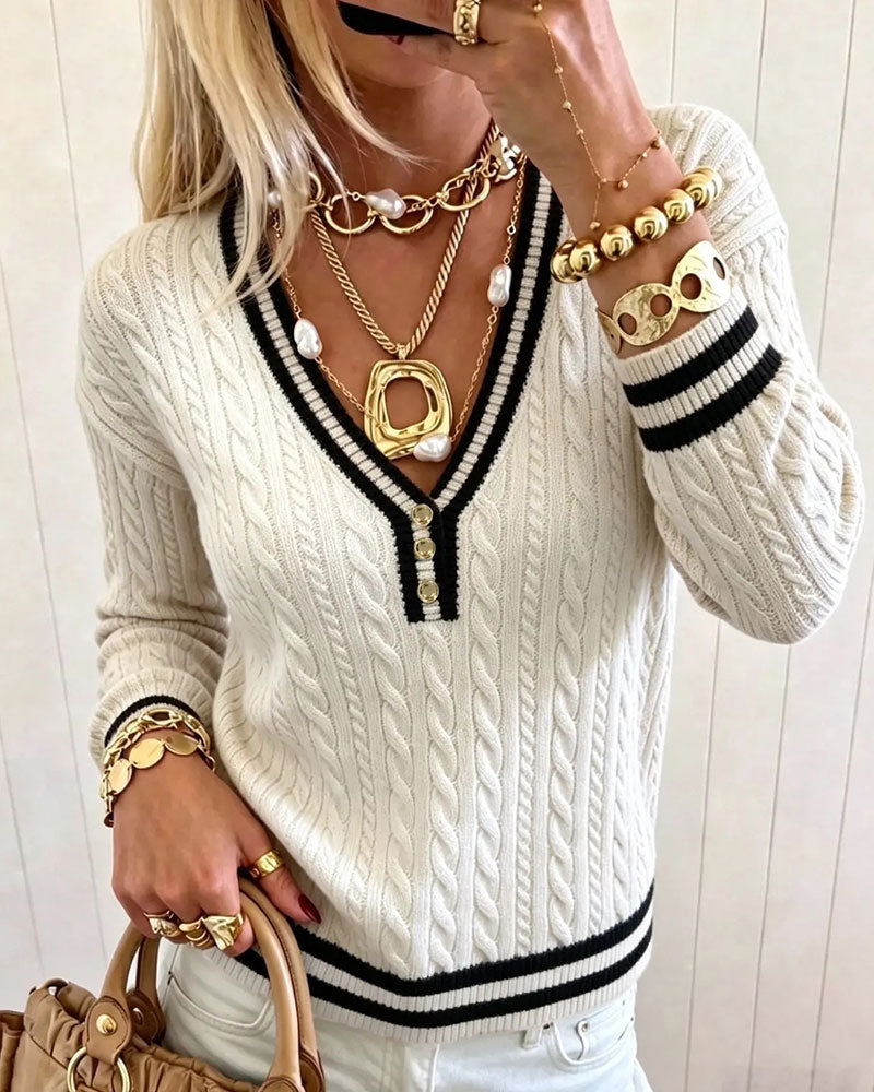 Pull Col En V Bordure Contrastée Pull