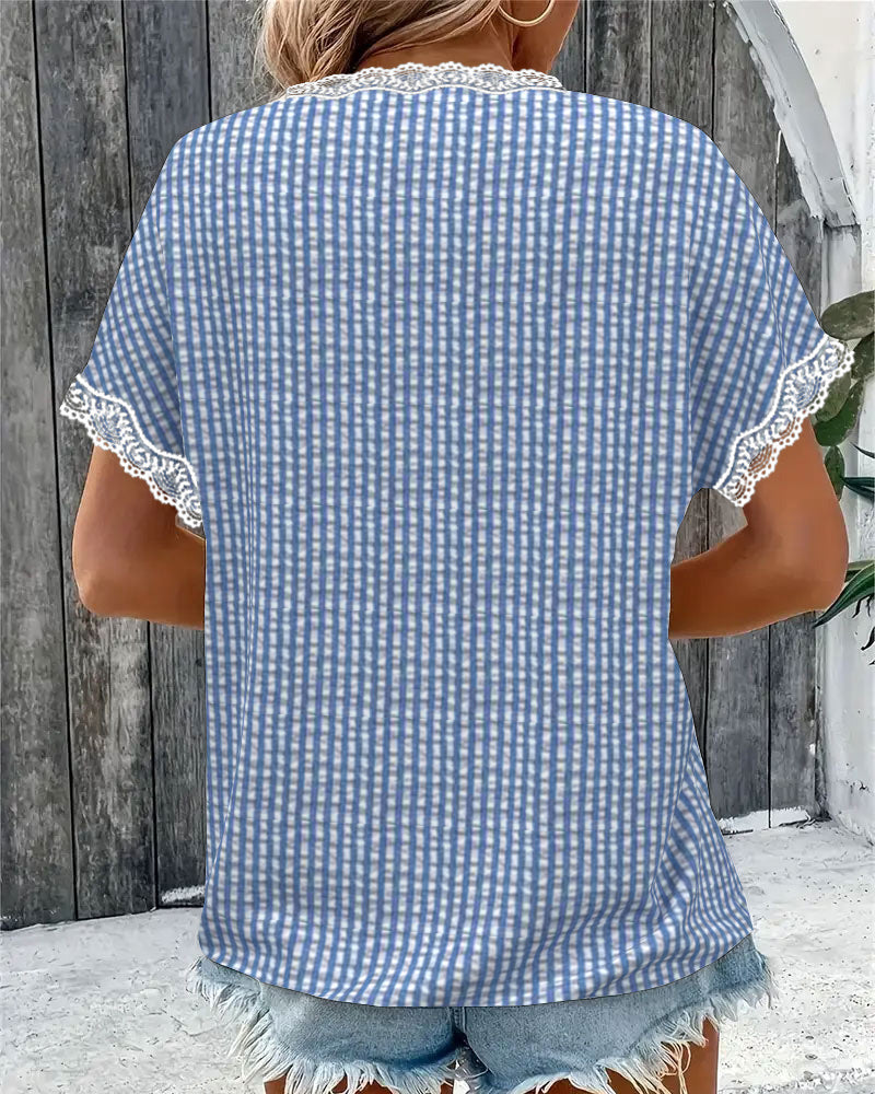 Blouse Col Rond Patchwork En Dentelle Rayée