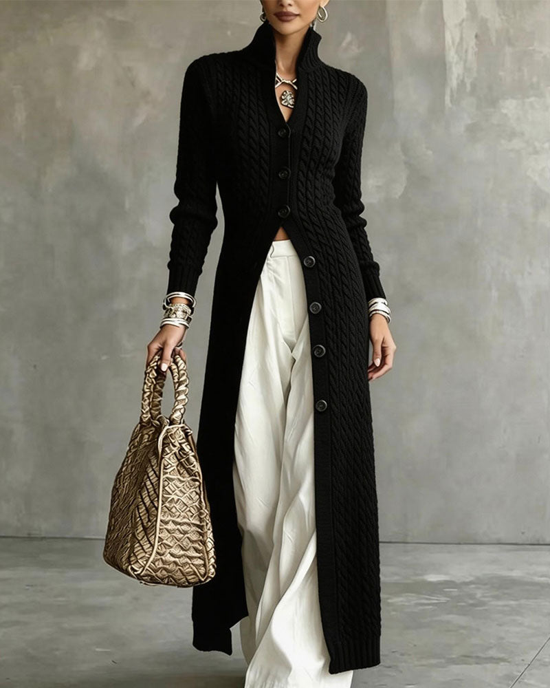 Cardigan Col Montant Tresse Bouton Long