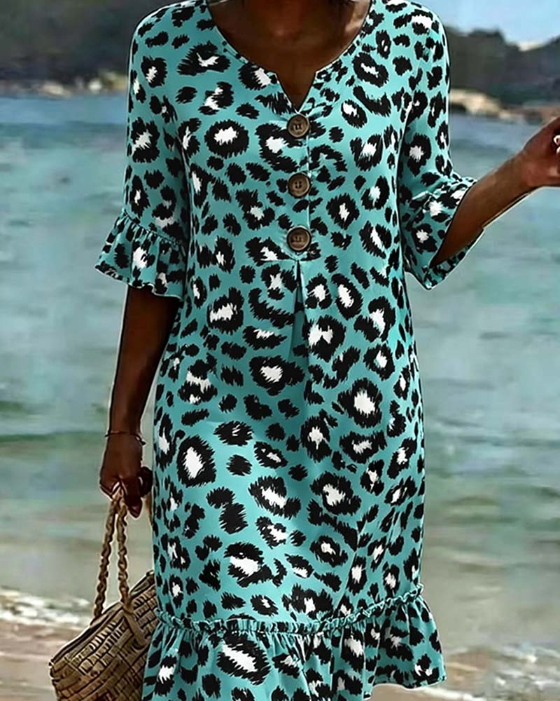Robe Imprimé Léopard Col V Volantée